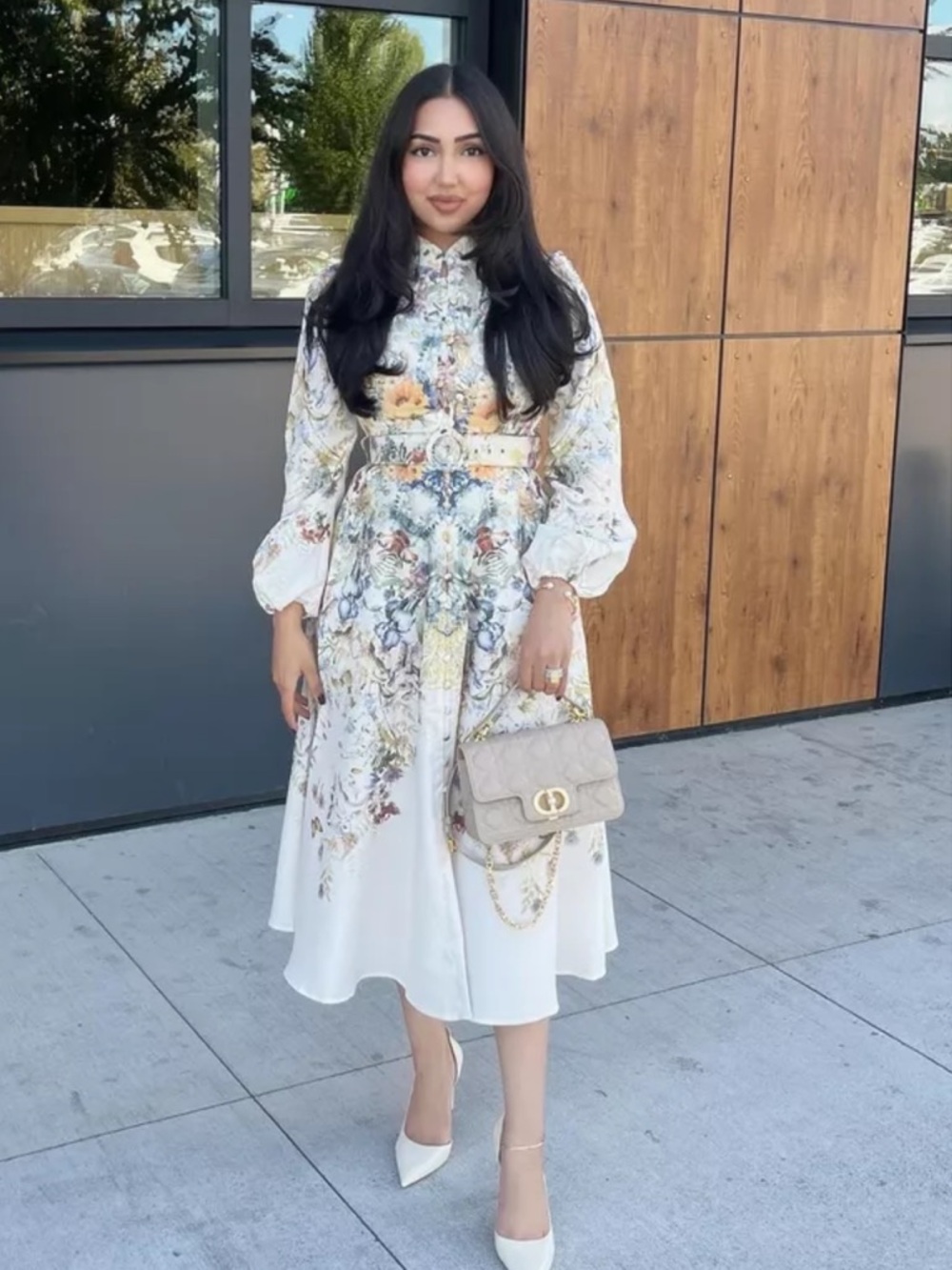 Commense Belted Balloon Sleeve Floral Dress Size Medium NWT